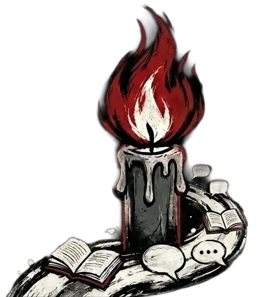 Graffiti styled logo of a burning candle with books and message bubbles on a pathway